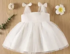 ホワイトリボン付きチュールドレス【美品】フラワー　ヘアバンド、靴下セット　ベビー