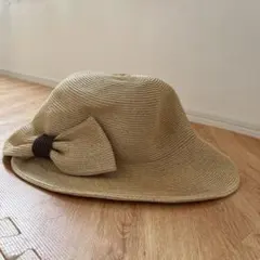 つば広 ハット リボン付き ベージュ ペーパー素材 レディース 帽子 56cm