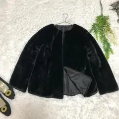 ノーカラー フェイクファー ジャケット コート ブラック 黒 ボア 高級感 上品