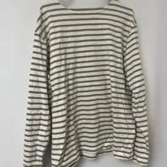 coen 長袖Tシャツ M 白/オリーブストライプ