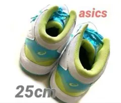 美品アシックススニーカー25cm バッシュ白ホワイト黄色ひもぐつイエロー/ブルー
