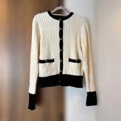 【美品】BASEMENT リブ編みカーディガン アイボリー/ブラック　バイカラー