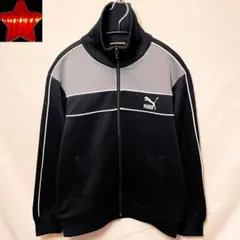 【PUMAプーマ】トラックジャケット 刺繍 80s90s緑タグ 襟長 黒グレー