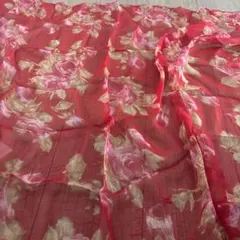インド製　ビスコース　赤い花柄　ストール　シフォン