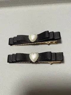 ブラックリボン ハートパール ヘアクリップ 2個セット