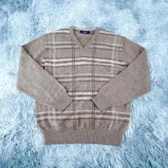 《ゴールデンベア》ニット (M)刺繍ロゴ セーター 切替 Vネック ウール混