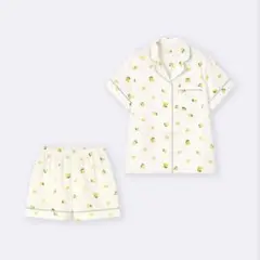GU サテンパジャマ(半袖&ショートパンツ)(レモン) 白　ルームウェアのサムネイル