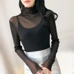 フリーサイズ シースルー シアー タートルネック トップス ブラック