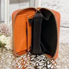 ミニ財布　レザー　オレンジ　コンパクト　お札折らずに収納　プレゼント　天然本牛革