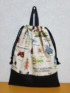 持ち手付き巾着袋 上靴入れ お道具袋 昆虫図鑑 ブラック