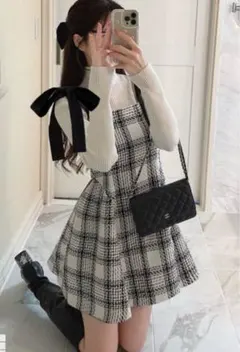 ツイードチェックショルダーリボンミニワンピース アイボリー [tu1417]