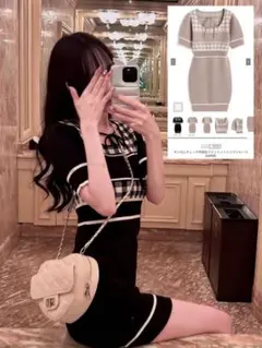 ギンガムチェック柄配色ラインニットミニワンピース　ピンク