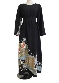 留袖ワンピース　留袖ドレス　着物リメイクロングワンピース　ハンドメイド　黒留袖
