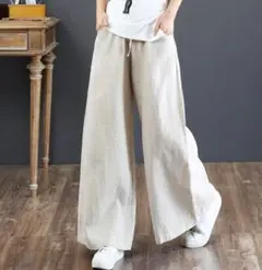 ワイドパンツ Ｌサイズ ベージュ ウエストゴム 綿麻 ロングパンツ ベージュ