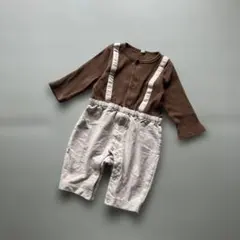 韓国サスペンダー風 ロンパース ブラウン ベージュ80サイズ