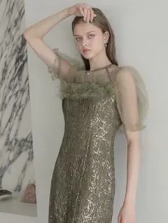 チュールフラワースパンコールIラインワンピースドレス結婚式パーティー成人式二次会