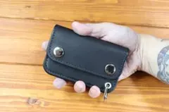 ミニトラッカーウォレット　　黒糸　黒革 栃木レザー