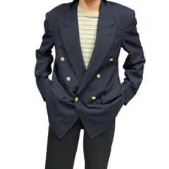 ダブル　紺ブレザー　テーラード　ジャケット　古着　ヴィンテージ　ネイビー