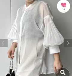 とろみシャツ　透け感　シアーブラウス　バンドカラー　ブラウス　ホワイト