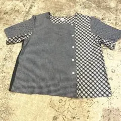 chambre de charme パッチワーク半袖シャツ　ブルー　チェックのサムネイル
