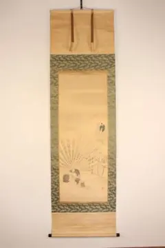 美品 掛け軸 江戸時代絵師 住吉慶舟筆「花鳥図」印刷 大英博物館 名画