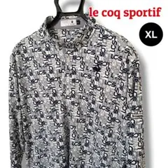 【人気の総柄】ルコック ポロシャツ 長袖 LL ネイビーホワイト メンズ ゴルフ