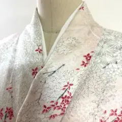 5k2567 着物　正絹　袷　小紋　ピンク　白　赤　花柄　和装