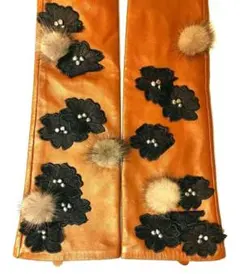 イタリア製本革ファー 花柄レース手袋長いロンググローブ茶色ブラウン レディース黒