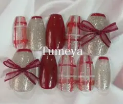 ネイルチップ　チェック　赤　ボルドー　ゴールド　キラキラ　大人　ガーリー