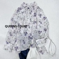 クイーンズコート フラワーシアー ハイネックブラウス ボウタイ 花柄 M