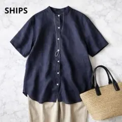 シップス リネン100% バンドカラー半袖シャツ ネイビー