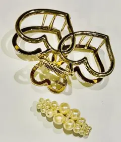 新春割引★新品ゴールドハート型ヘアクリップと新品ですが美品パールヘアピンセット