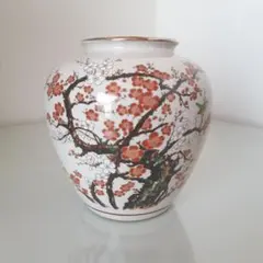 紅白梅に鶯　九谷陶寿　花瓶　壷