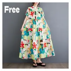 ロングワンピース マキシ丈 ティアード　体型カバー　ゆったり アート柄　モード系