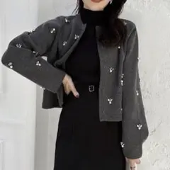 アニュアンス ビジュー ニット ジャケット カーディガン　グレー　anuans