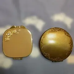 昭和レトロ金色の花装飾折りたたみ手鏡（2面）と真鍮製コンパクトの2種