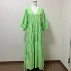 ザラ　ロング　ワンピース　ロング　ティアード　春　グリーン　緑