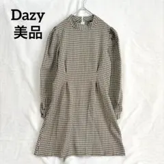 美品 千鳥格子 チェック スタンドカラー フレアミニワンピ パフ袖 ベージュ S