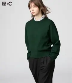 美品、XL、ユニクロ、スムースコットンクルーネックセーター、ダークグリーン