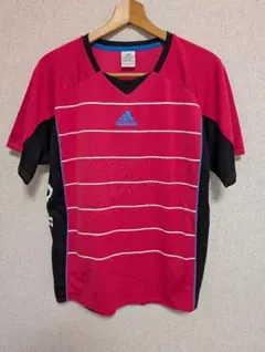 adidas ストライプ 半袖プラシャツ ピンク/黒　Lサイズ