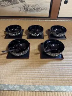 漆器 煮物椀 5客セット 桜柄 お盆・お玉付きのサムネイル