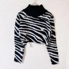 SHEIN ゼブラ柄 ハイネック クロップド ニット S モノトーン