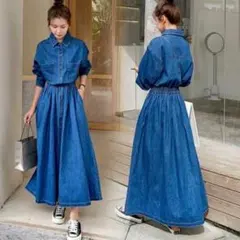 L ロング ワンピース シャツ デニム 長袖 Aライン 秋 前開き