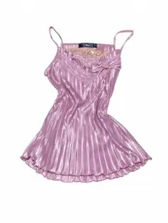 Y2K 平成ギャル ピンク光沢プリーツキャミソール フリル リボン 量産型