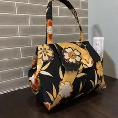ハンドメイド　リメイク　帯　ブラック花柄