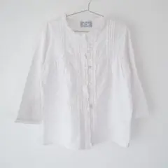 USED 古着 お花 ローンレース フリル ホワイト 七分袖 ブラウス シャツ