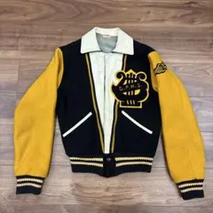 50s ビンテージスタジャン 黒×黄×フロントレザー サイズ36程度