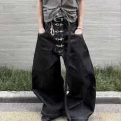 ファイヤーマン　ワイドデニムパンツ　ダークデニム　メタルバックル　リジットデニム