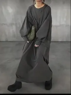 FRIFUL グレー バルーンスリーブ マキシ丈ワンピース