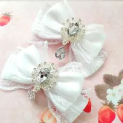 リボン ヘアクリップ 左右2個セット 量産型 地雷系 白×白レース